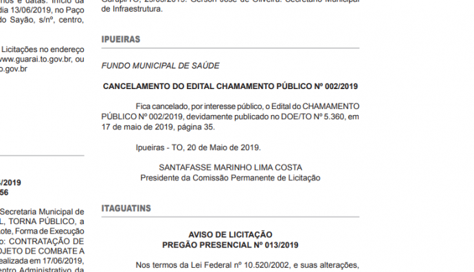 CANCELAMENTO DO EDITAL DE CHAMAMENTO PÚBLICO Nº 002/2019 - FMS